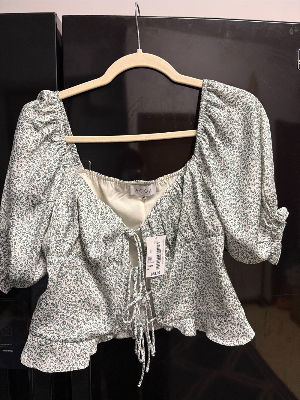 South Moon Under ACOA Green Floral Tie-Front Puff Sleeve Top NWT